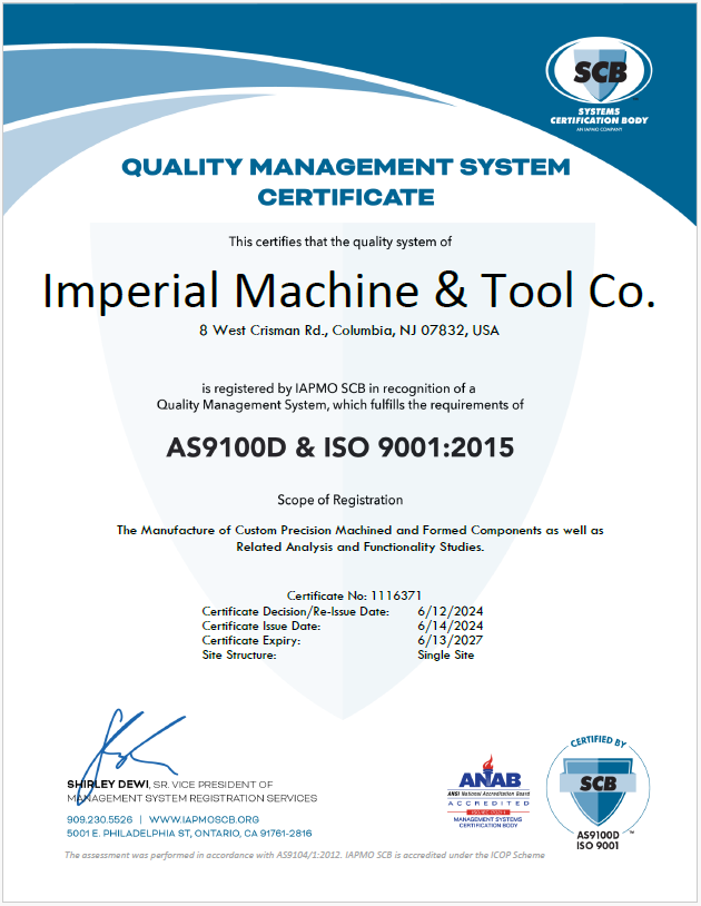 AS9100 Rev D & ISO 9001 Certification — Imperial Machine & Tool Co